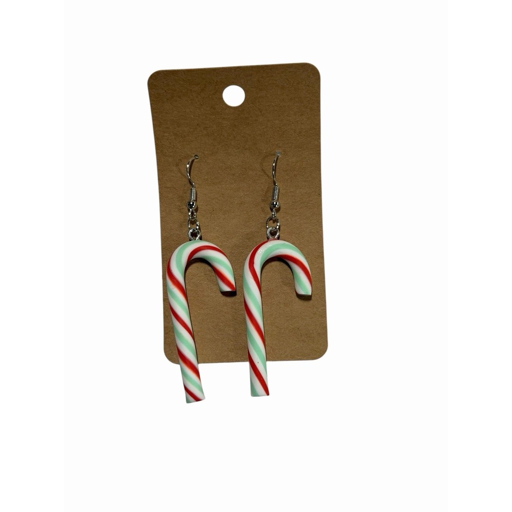 Candy Cane Christmas Drop Earrings Red White Green Holiday Dangle Fishhook
